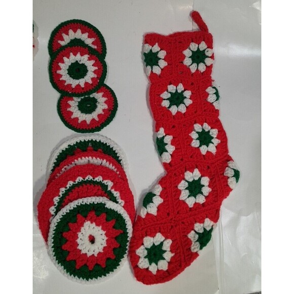 Handmade Christmas Crochet Stockings and Coasters, Vintage - Picture 3 of 8